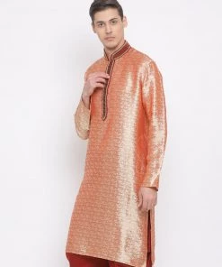Vastramay Men's Pink Cotton Silk Blend Kurta
