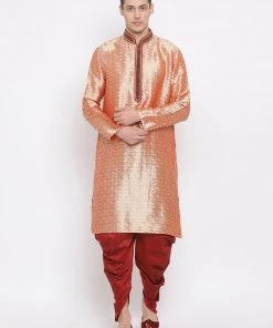VASTRAMAY Men's Pink Silk Blend Kurta And Maroon Dhoti Set