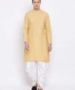 Vastramay Men's Beige Cotton Blend Kurta And White Dhoti Set