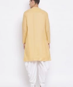 Vastramay Men's Beige Cotton Blend Kurta And White Dhoti Set 10 Vastramay Men's Beige Cotton Blend Kurta And White Dhoti Set