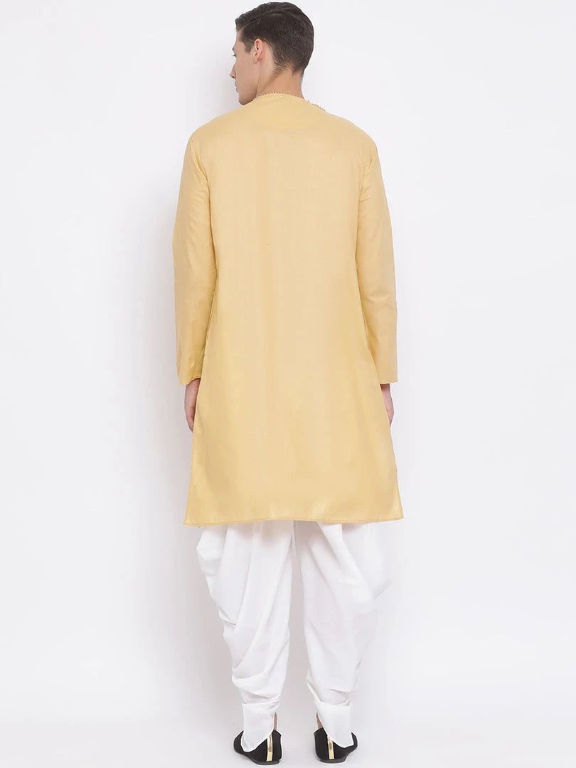 Vastramay Men's Beige Cotton Blend Kurta And White Dhoti Set 5 Vastramay Men's Beige Cotton Blend Kurta And White Dhoti Set