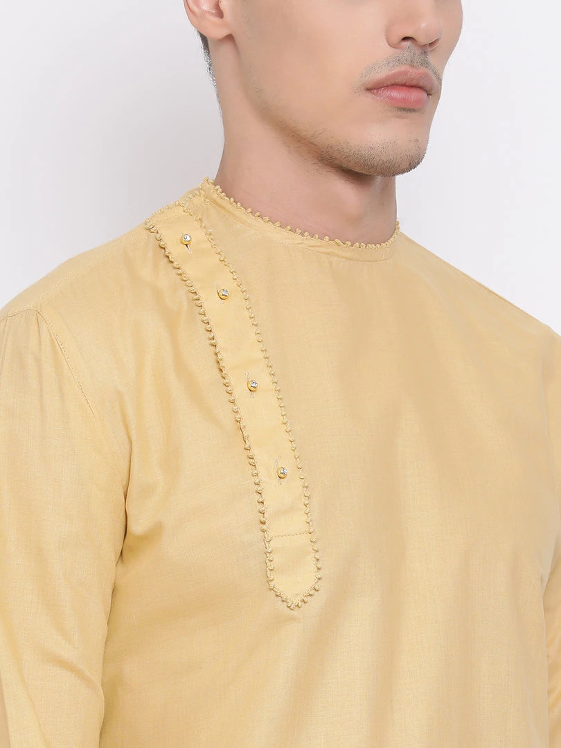 Vastramay Men's Beige Cotton Blend Kurta And White Dhoti Set 6 Vastramay Men's Beige Cotton Blend Kurta And White Dhoti Set