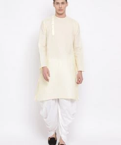 Vastramay Men's Cream Cotton Blend Kurta And White Dhoti Set