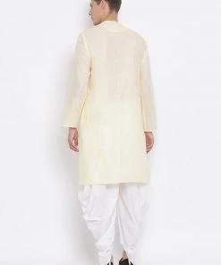 Vastramay Men's Cream Cotton Blend Kurta And White Dhoti Set