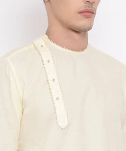Vastramay Men's Cream Cotton Blend Kurta And White Dhoti Set
