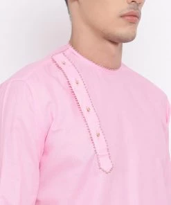 Vastramay Men's Pink Cotton Blend Kurta