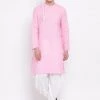 Vastramay Men's Pink Cotton Blend Kurta And White Dhoti Set
