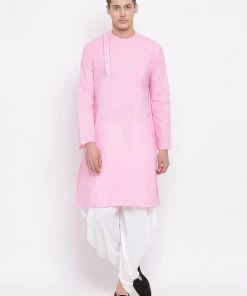 Vastramay Men's Pink Cotton Blend Kurta And White Dhoti Set