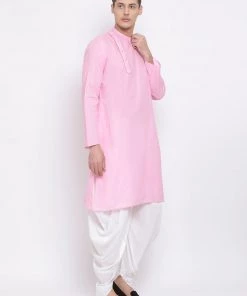 Vastramay Men's Pink Cotton Blend Kurta And White Dhoti Set
