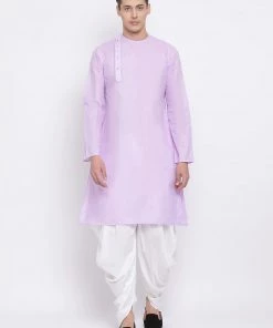 Vastramay Men's Purple Cotton Blend Kurta And White Dhoti Set