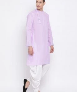 Vastramay Men's Purple Cotton Blend Kurta And White Dhoti Set