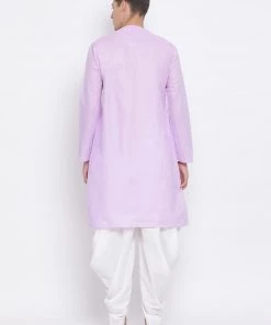 Vastramay Men's Purple Cotton Blend Kurta And White Dhoti Set