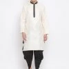 Vastramay Men's Gold Silk Blend Kurta And Black Dhoti Set