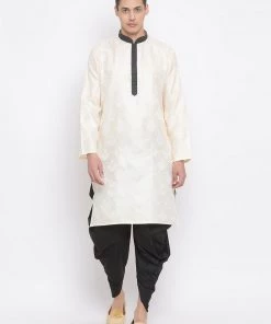 Vastramay Men's Gold Silk Blend Kurta And Black Dhoti Set
