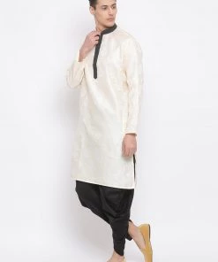 Vastramay Men's Gold Silk Blend Kurta And Black Dhoti Set