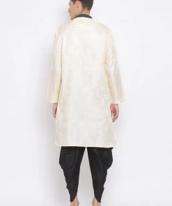 Vastramay Men's Gold Silk Blend Kurta And Black Dhoti Set