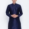 Vastramay Men's Dark Blue Cotton Silk Blend Kurta