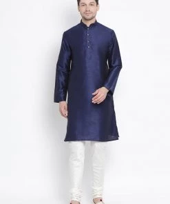VASTRAMAY Men's Dark Blue Cotton Silk Blend Kurta And Pyjama Set Rakhi