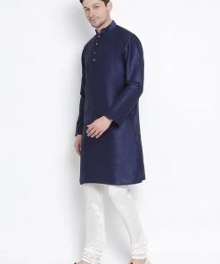 VASTRAMAY Men's Dark Blue Cotton Silk Blend Kurta And Pyjama Set Rakhi