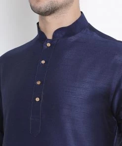 VASTRAMAY Men's Dark Blue Cotton Silk Blend Kurta And Pyjama Set Rakhi