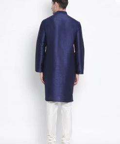 VASTRAMAY Men's Dark Blue Cotton Silk Blend Kurta And Pyjama Set Rakhi