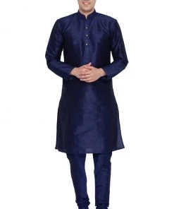 VASTRAMAY Men's Dark Blue Cotton Silk Blend Kurta And Pyjama Set