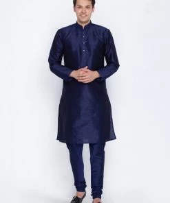 Vastramay Silk Blend Navy Blue Baap Beta Kurta Pyjama Set