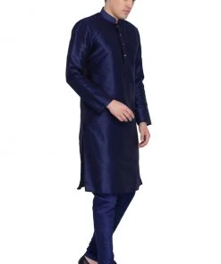VASTRAMAY Men's Dark Blue Cotton Silk Blend Kurta And Pyjama Set