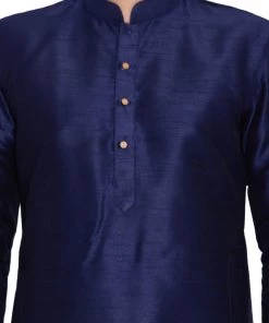 VASTRAMAY Men's Dark Blue Cotton Silk Blend Kurta And Pyjama Set