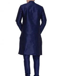 VASTRAMAY Men's Dark Blue Cotton Silk Blend Kurta And Pyjama Set