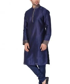 VASTRAMAY Men's Blue Cotton Silk Blend Kurta And Pyjama Set