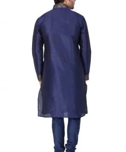 VASTRAMAY Men's Blue Cotton Silk Blend Kurta And Pyjama Set