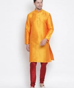 VASTRAMAY Men's Orange Cotton Silk Blend Kurta And Pyjama Set