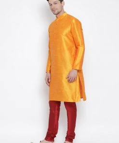 VASTRAMAY Men's Orange Cotton Silk Blend Kurta And Pyjama Set