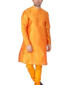 VASTRAMAY Men's Orange Cotton Silk Blend Kurta And Pyjama Set