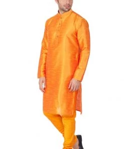 VASTRAMAY Men's Orange Cotton Silk Blend Kurta And Pyjama Set