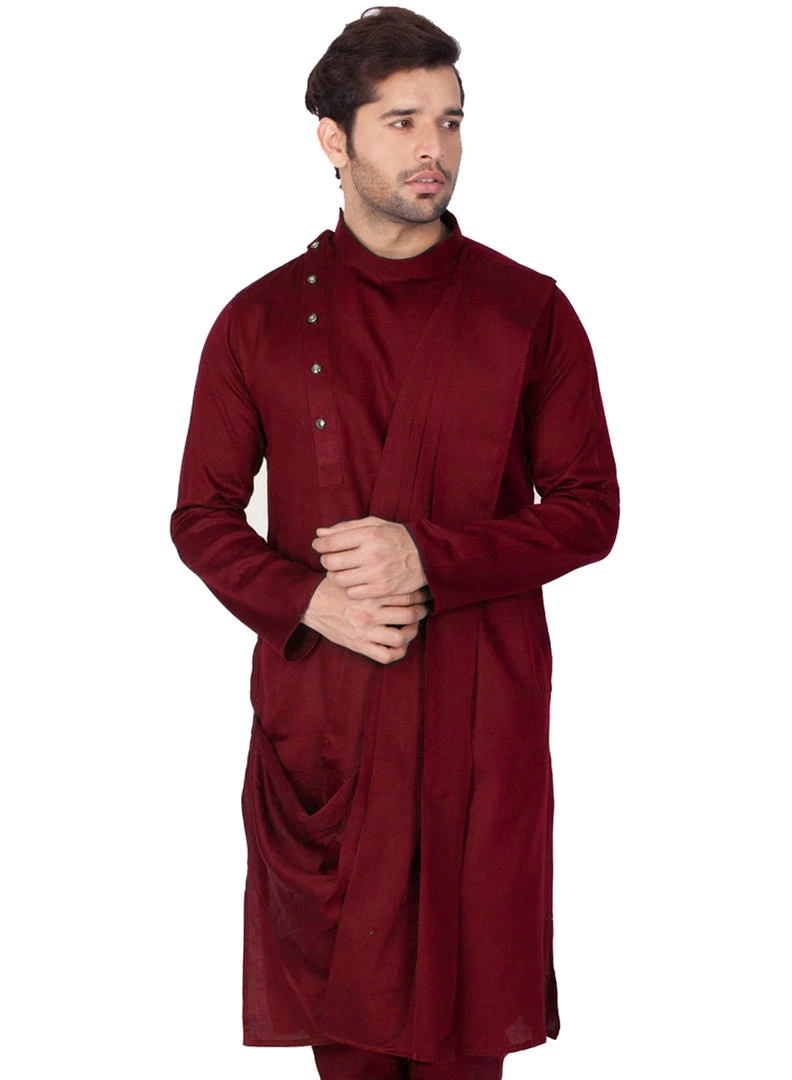 Vastramay Men's Maroon Cotton Kurta And Pyjama Set 3 Vastramay Men's Maroon Cotton Kurta And Pyjama Set