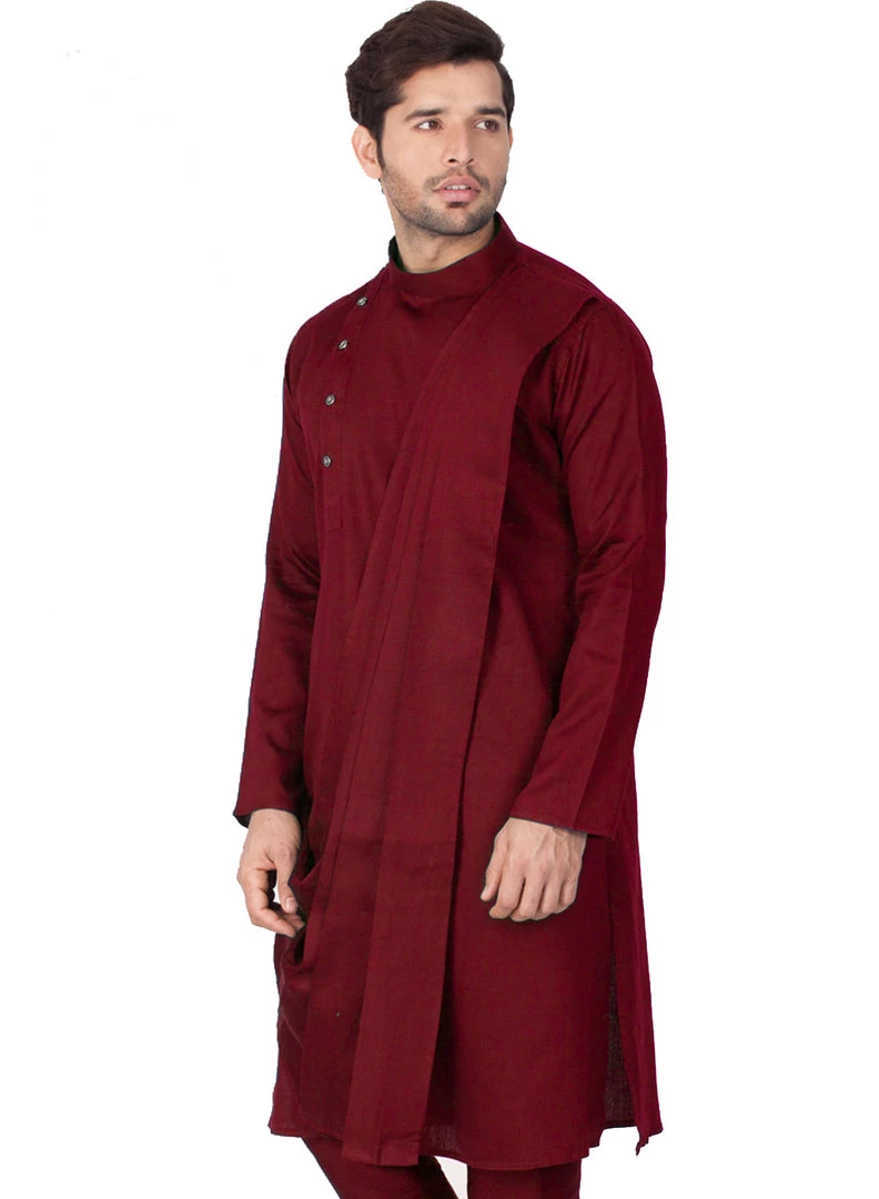 Vastramay Men's Maroon Cotton Kurta And Pyjama Set 4 Vastramay Men's Maroon Cotton Kurta And Pyjama Set