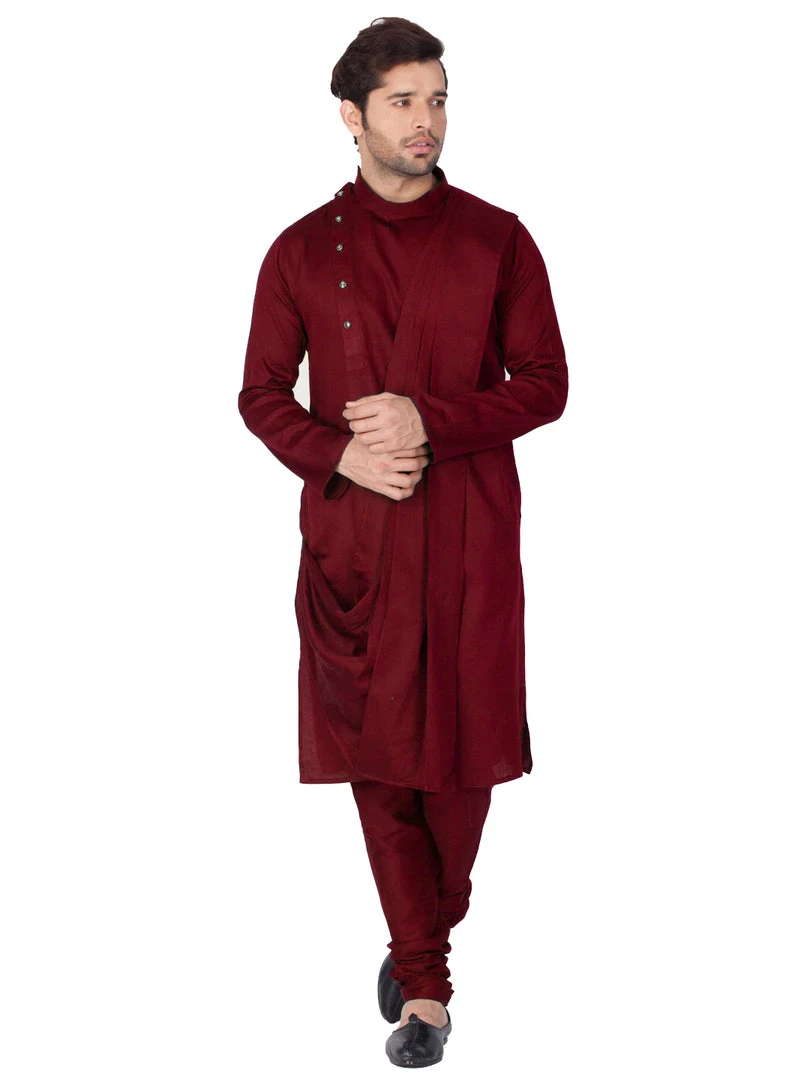 Vastramay Men's Maroon Cotton Kurta And Pyjama Set 7 Vastramay Men's Maroon Cotton Kurta And Pyjama Set