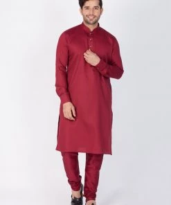 Vastramay Men's Maroon Cotton Kurta And Pyjama Set