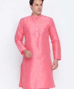 Vastramay Men's Pink Cotton Silk Blend Kurta