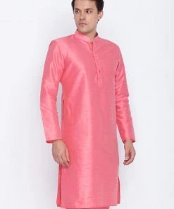 Vastramay Men's Pink Cotton Silk Blend Kurta