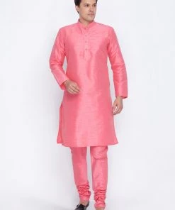 Vastramay Men's Pink Cotton Silk Blend Kurta