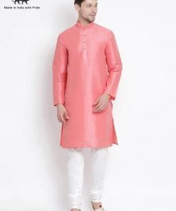 VASTRAMAY Men's Pink Cotton Silk Blend Kurta And Pyjama Set