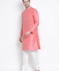 VASTRAMAY Men's Pink Cotton Silk Blend Kurta And Pyjama Set
