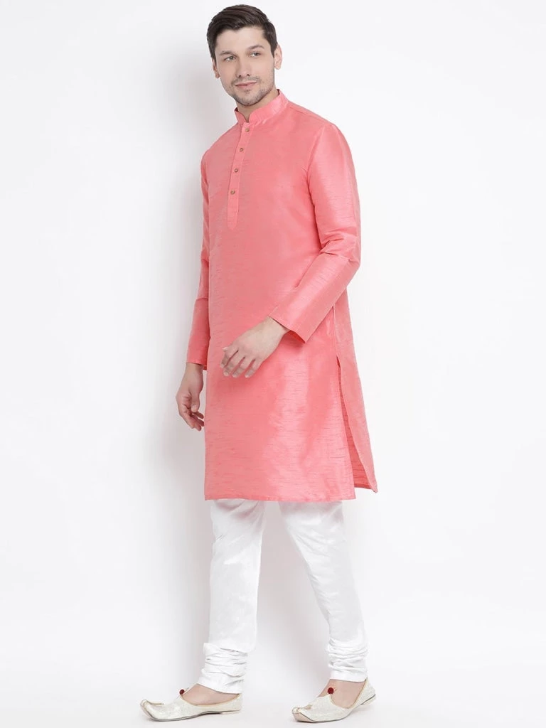 VASTRAMAY Men's Pink Cotton Silk Blend Kurta And Pyjama Set 4 VASTRAMAY Men's Pink Cotton Silk Blend Kurta And Pyjama Set