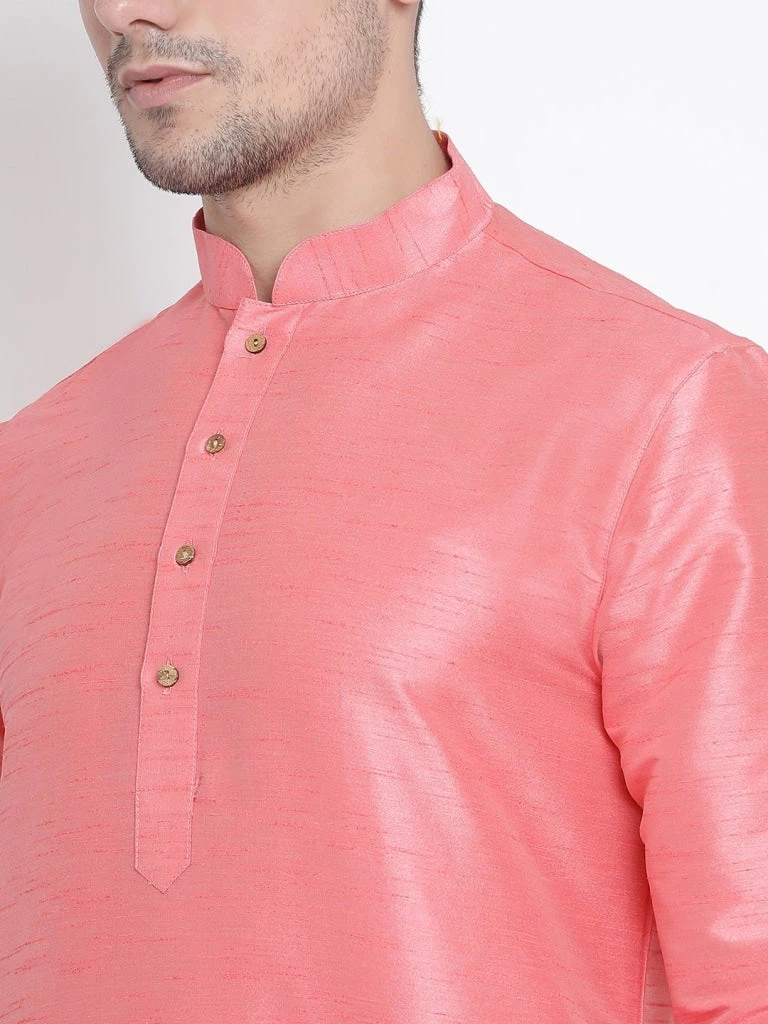 VASTRAMAY Men's Pink Cotton Silk Blend Kurta And Pyjama Set 5 VASTRAMAY Men's Pink Cotton Silk Blend Kurta And Pyjama Set