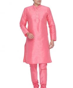 VASTRAMAY Men's Pink Cotton Silk Blend Kurta And Pyjama Set