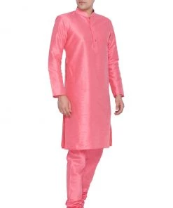 VASTRAMAY Men's Pink Cotton Silk Blend Kurta And Pyjama Set