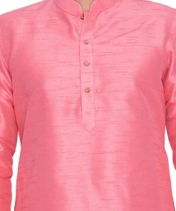 VASTRAMAY Men's Pink Cotton Silk Blend Kurta And Pyjama Set